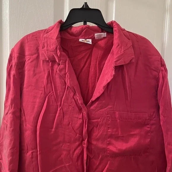 Mary Green Red Silk Cotton Lined Pajamas Pants Top 2-Pc Set Women's Size Large